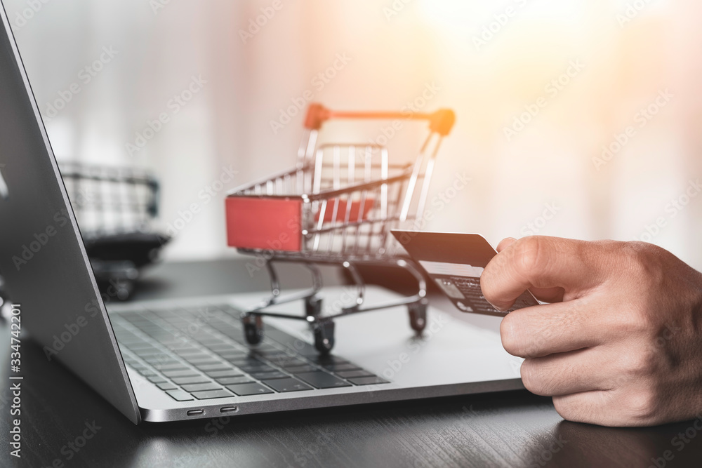 One hand holding credit card and another hand input order to computer laptop with shopping cart background. Online shopping and work from home concept.