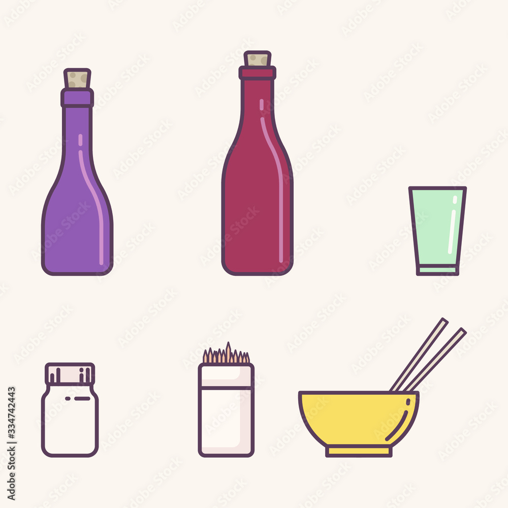 Objects used when eating such as bottles, bowls, salt, toothpicks, glasses Objects used when eating such as bottles, bowls, salt, toothpicks, glasses