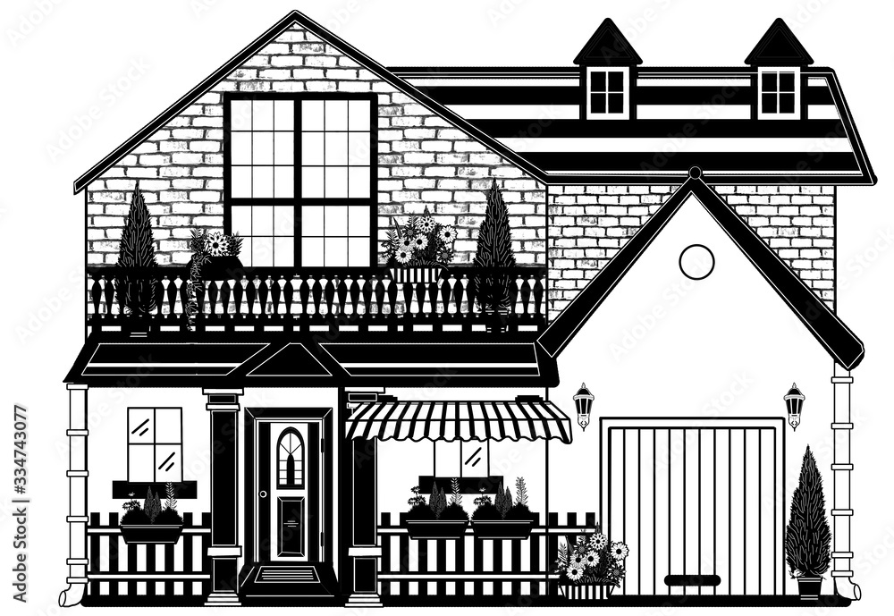 Fototapeta premium line drawing house, black and white building hand draw with details and elements, window, door, roof, facade, modern classic style