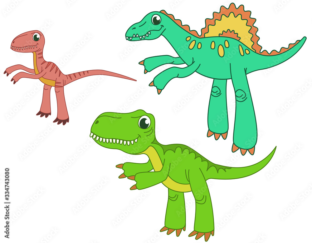 Fototapeta premium Set of carnivorous dinosaurs. Velociraptor, spinosaurus and tyrannosaurus in funny cartoon style.