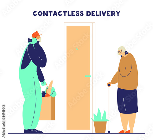 Courier in protective mask and gloves brings food to old lady. Contacless safe food delivery during coronavirus quarantine. Flat vector illustration.