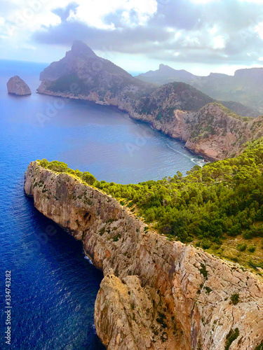 Island landscape, seascape of Mallorca Spain, idyllic coastline of Cala Rathada, Mediterranean Sea.