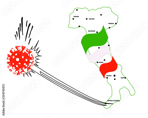 Vai via l'intruso covid19! Una cartina simbolica dell'Italia con regioni e capoluoghi, colorata dal tricolore nazionale, che vince la guerra con un nuovo virus.