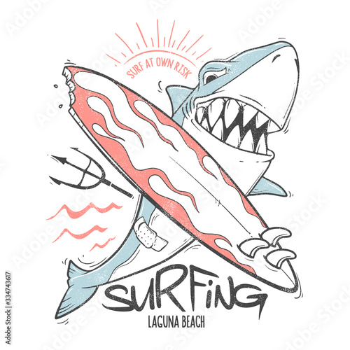 Shark t-shirt surf print design, vector illustration