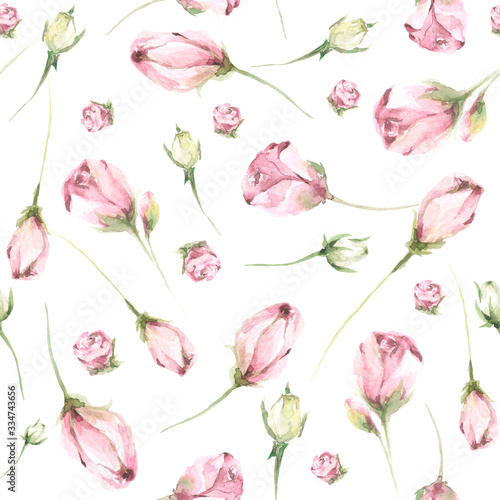 Hand painted watercolor floral pattern with flowers and rose buds. Romantic seamless pattern perfect for fabric textile  vintage paper or scrapbooking