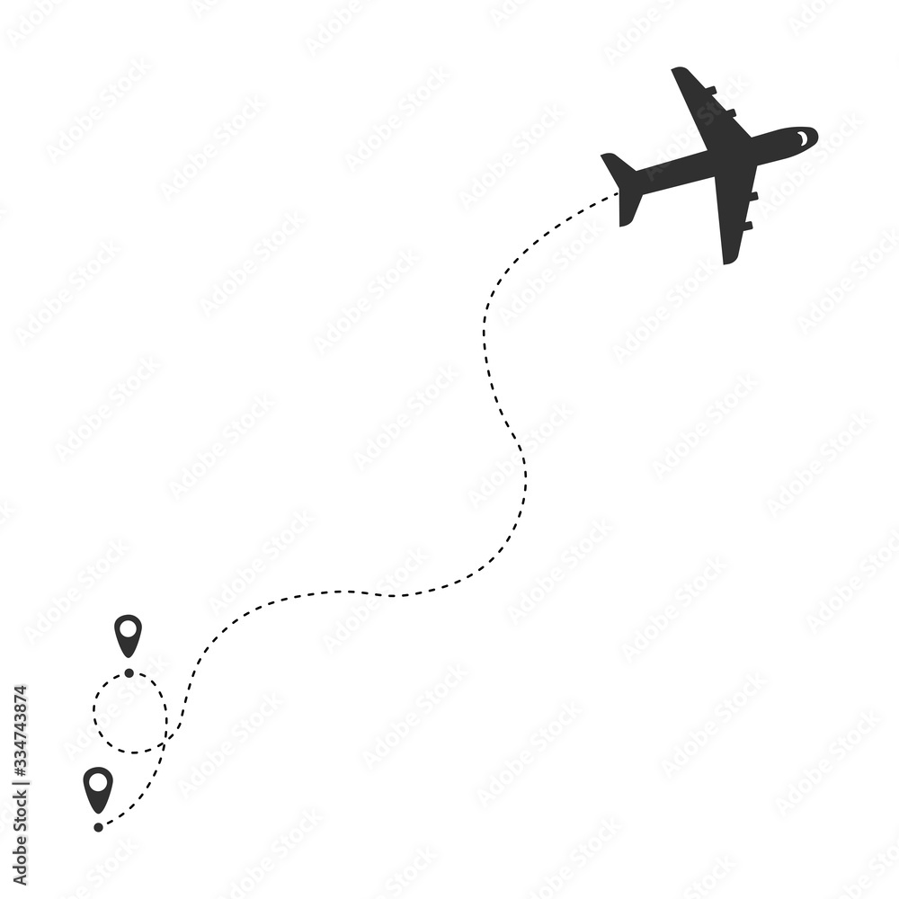 Airplane route in dotted line shape.Tourism and travel. Plane and its track on white background. Vector illustration Airplane route in dotted line shape.Tourism and travel. Plane and its track on white background. Vector illustration