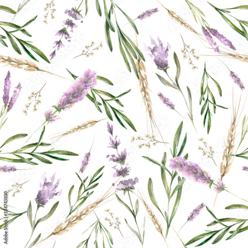 Hand painted watercolor provence floral pattern with lilac flowers of lavanders  foliage. Romantic seamless pattern perfect for fabric textile  vintage paper or scrapbooking