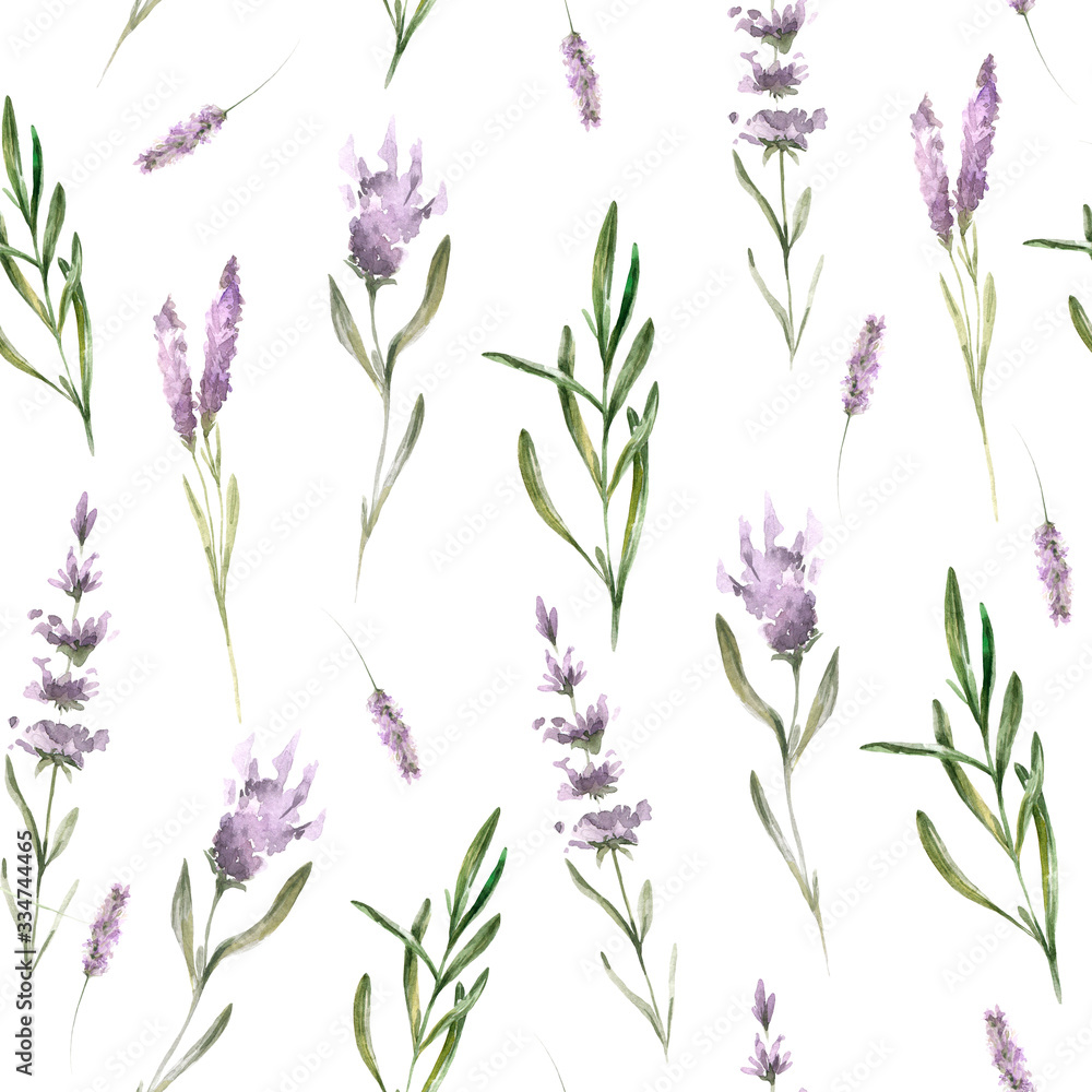 Hand painted watercolor provence floral pattern of lilac flowers of lavanders and foliage. Romantic seamless pattern perfect for fabric textile, vintage paper or scrapbooking