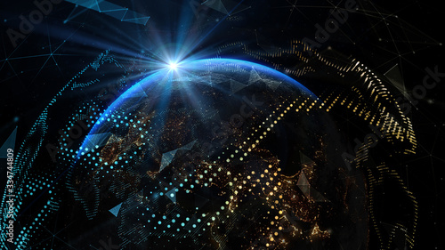 Fototapeta Naklejka Na Ścianę i Meble -  The sun's rays over earth in outer space. Earth Globe technology with Light Effect. Global international connectivity background. Elements of this image furnished by NASA - 3D illustration.