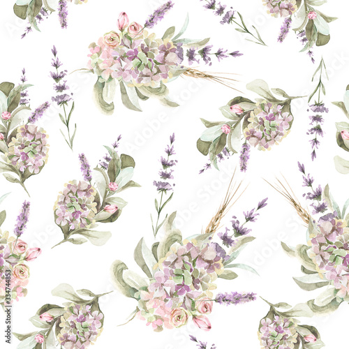 Fototapeta Naklejka Na Ścianę i Meble -  Hand painted watercolor seamless pattern with  lavender flowers, ears, roses, leaves, branches. Provence style