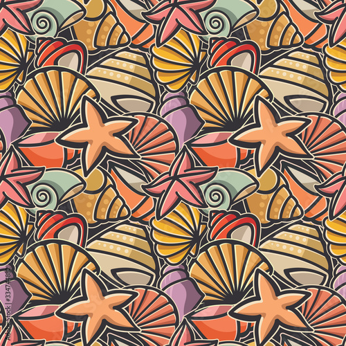Fototapeta Naklejka Na Ścianę i Meble -  Seamless texture for fabric design on nautical theme with shells and starfishes