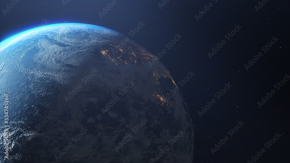 Obraz premium Planet earth in space haze. Lights of night cities of awakening cities. Elements of this image furnished by NASA - 3d illustration.