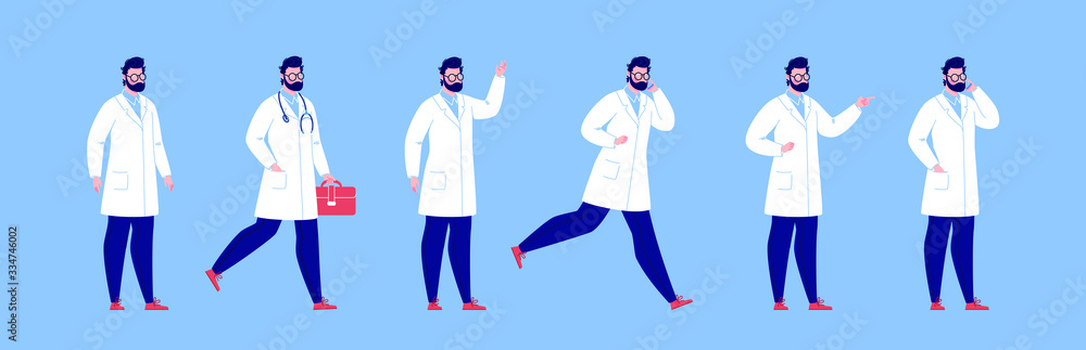 Doctor in various poses. Character design set. Vector illustration in a flat cartoon style. Doctor in various poses. Character design set. Vector illustration in a flat cartoon style.