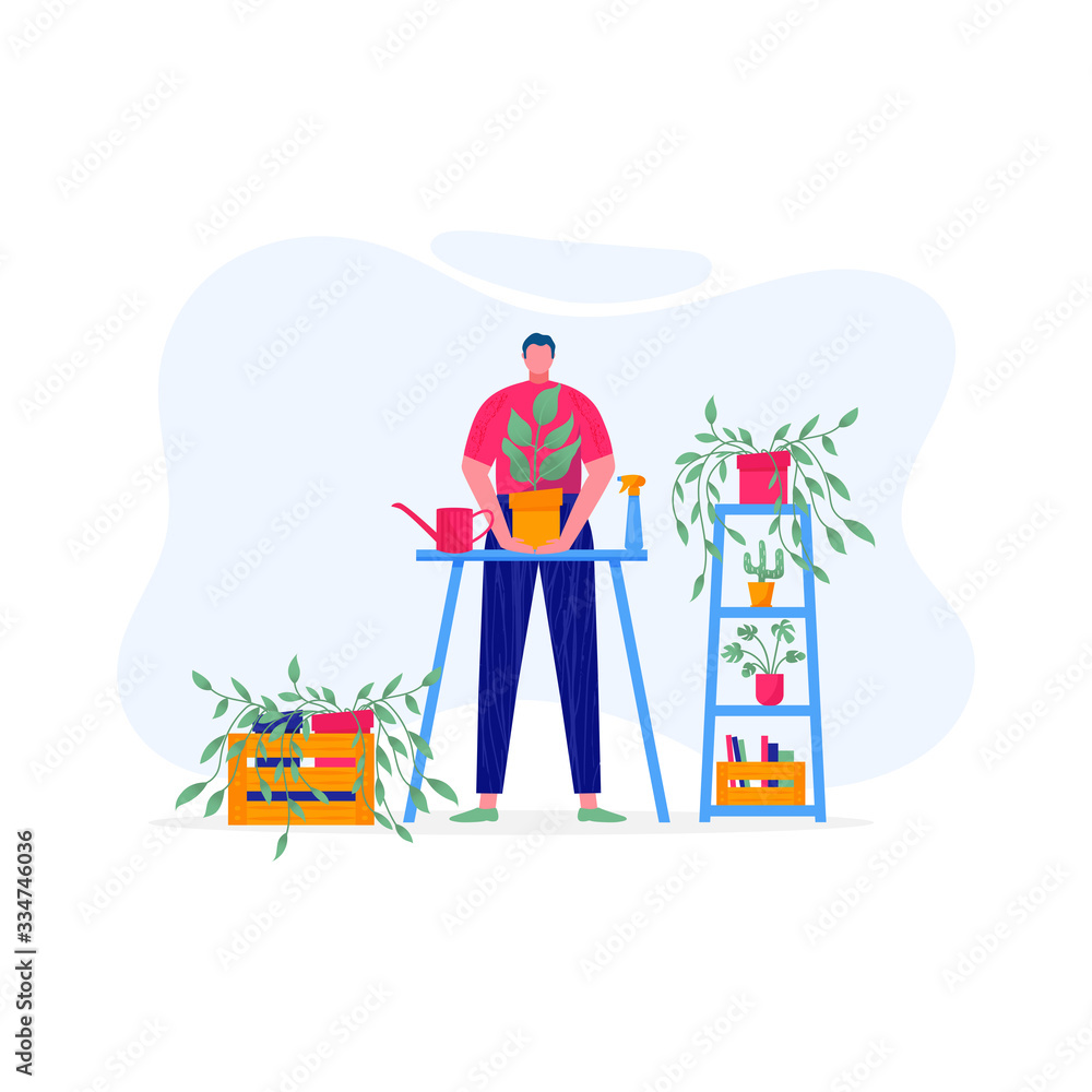Home garden concept. Young man holding plant with leaves, cares for flower, watering, planting, cultivating. Illustration of flowers, plants in pots with people enjoying their hobbies. Vector