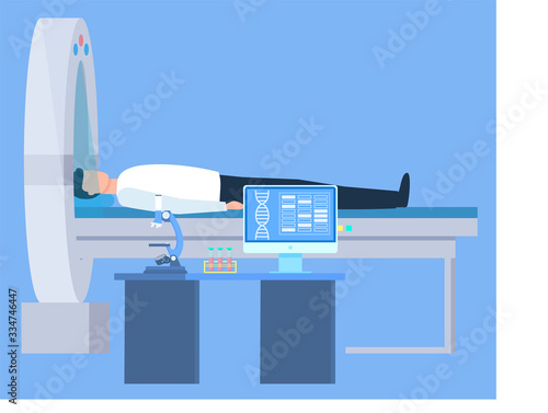 Patient lying on medical table, research brain in round equipment. Dna report in computer, microscope and test tube on table laboratory or clinic, computer tomografy CT, magnetic resonance imaging MRI