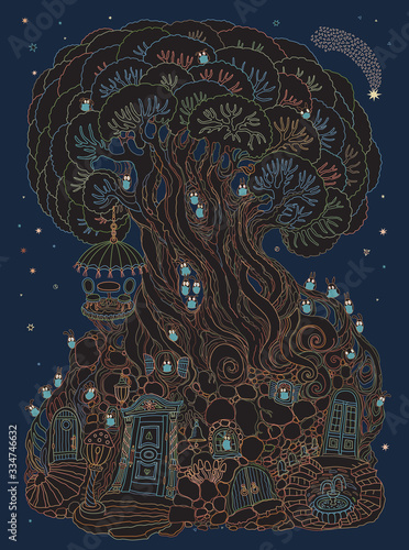 Dogs in protective medical masks in quarantine isolation period. Hand drawn fairy tale forest house in a fantasy old tree. Coronavirus COVID-19, flu epidemic, infectious diseases concept, book cover