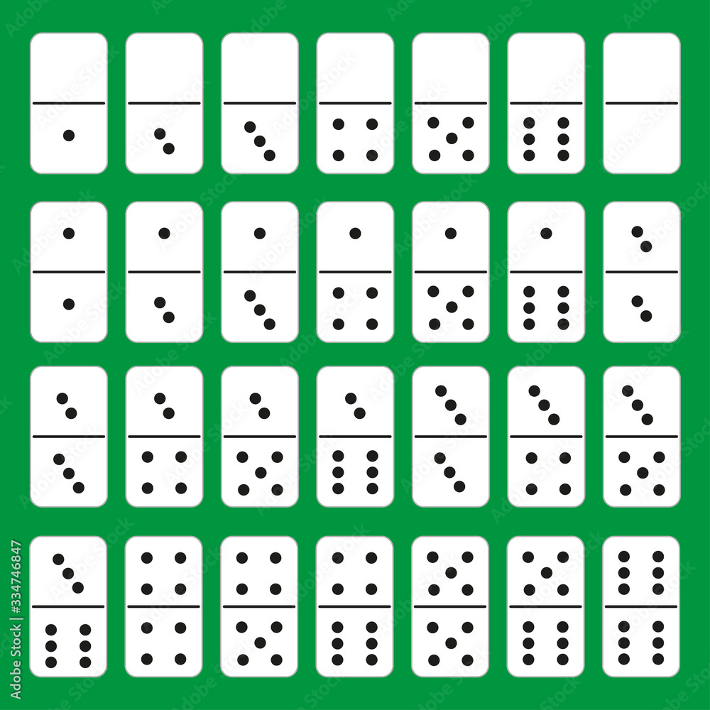 Domino. White color isolated on green background. Flat style. A complete classic domino game. Collection of 28 pieces. Vector Domino. White color isolated on green background. Flat style. A complete classic domino game. Collection of 28 pieces. Vector