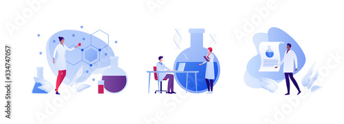Science chemistry laboratory concept. Vector flat person illustration set. Man and woman scientist with formula and dna. Lab equipment. Desk, test tube, laptop, grant paper. Design for teamwork banner