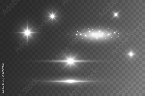 Flare light effect isolated on transparent background. Sun flash rays and spotlight  beams set. Glow star burst with sparkles.. photo