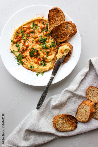 Chickpea hummus, made with croutons photo