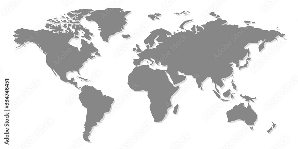 A simplified map of the world. Stylized generalized gray card on a white background. In flat style. Website template, design, cover. Australia, Asia, America, Europe, Africa. Vector