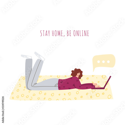 Stay home concept - girl chatting skype on laptop lying on floor in room at home - relax and rest, home activity for people in covid-2019 isolation time, female character vector isolated illustration