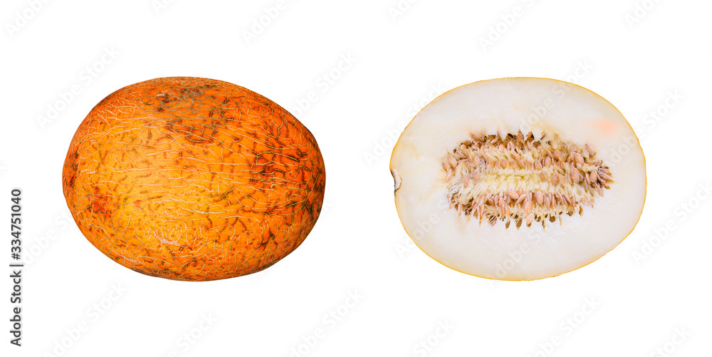 Whole and cut melon isolated on a white background. Ripe summer fruit.