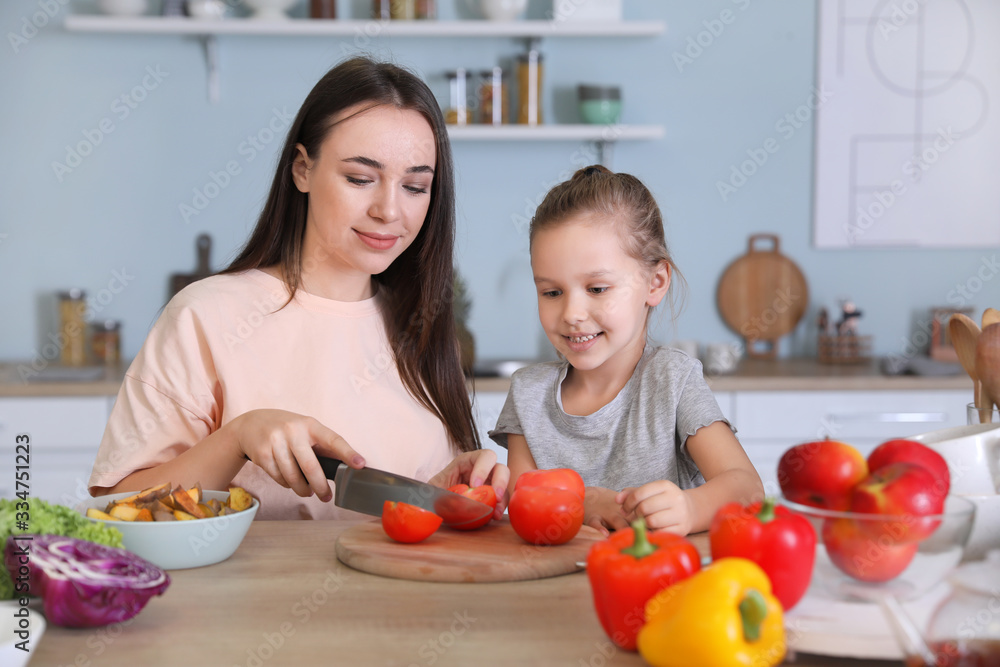 Mother with daughter cooking together in kitchen Mother with daughter cooking together in kitchen