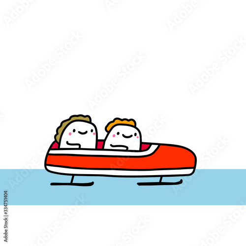 Bobsleigh hand drawn vector illustration in cartoon comic style sportive people inside