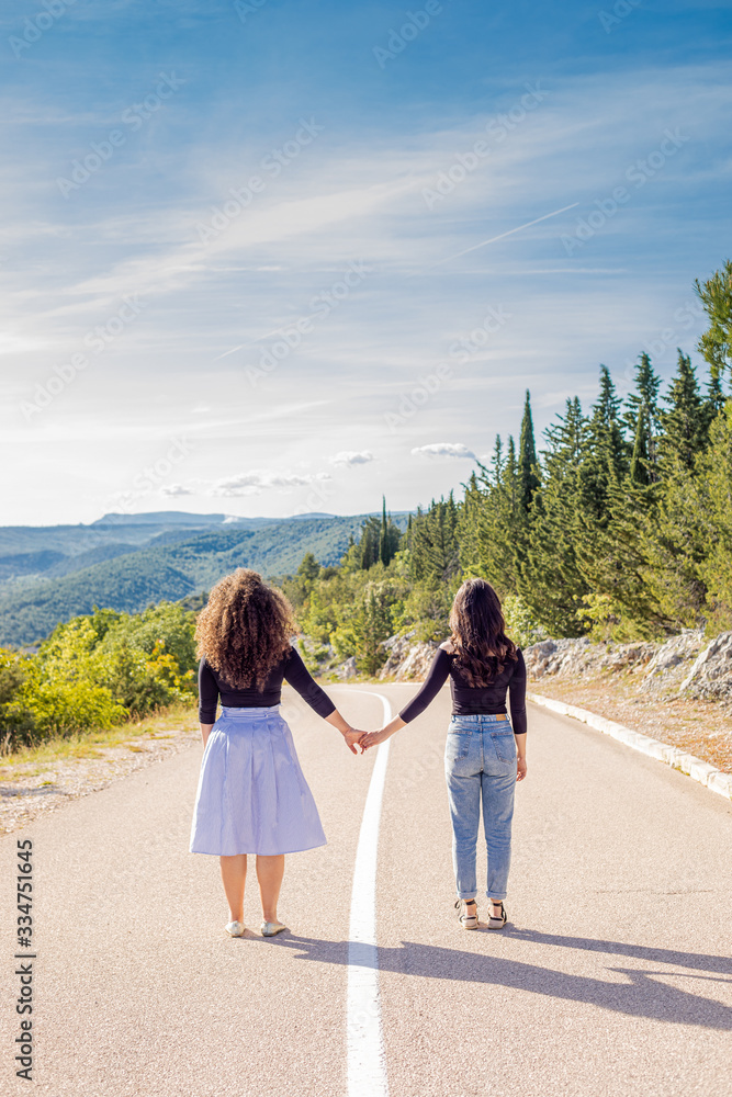 Two caucasian women holding hands and walking  on the road surrounded with breathtaking nature. Two girls love and support each other. Travelling through Croatia. Vertical photo. Back view