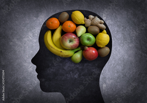 Head with part of the brain in the form of fruits photo