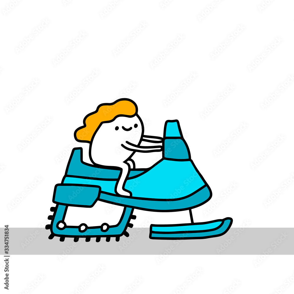 Snowmobile man driving hand drawn vector illustration in cartoon comic style