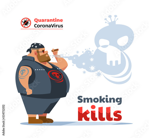 Poster dangers of smoking. Coronavirus. Biker man during COVID-19 pandemic coughing and smoking a cigarette at the street. Smoking causes lung cancer and other diseases. Cartoon vector illustration.