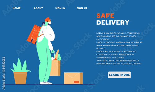 Safe delivery service website template. Courier in protective mask and gloves with delivery bag and pocket with food calls to customer. Contacless delivery diring coronavirus quarantine. Flat vector. photo