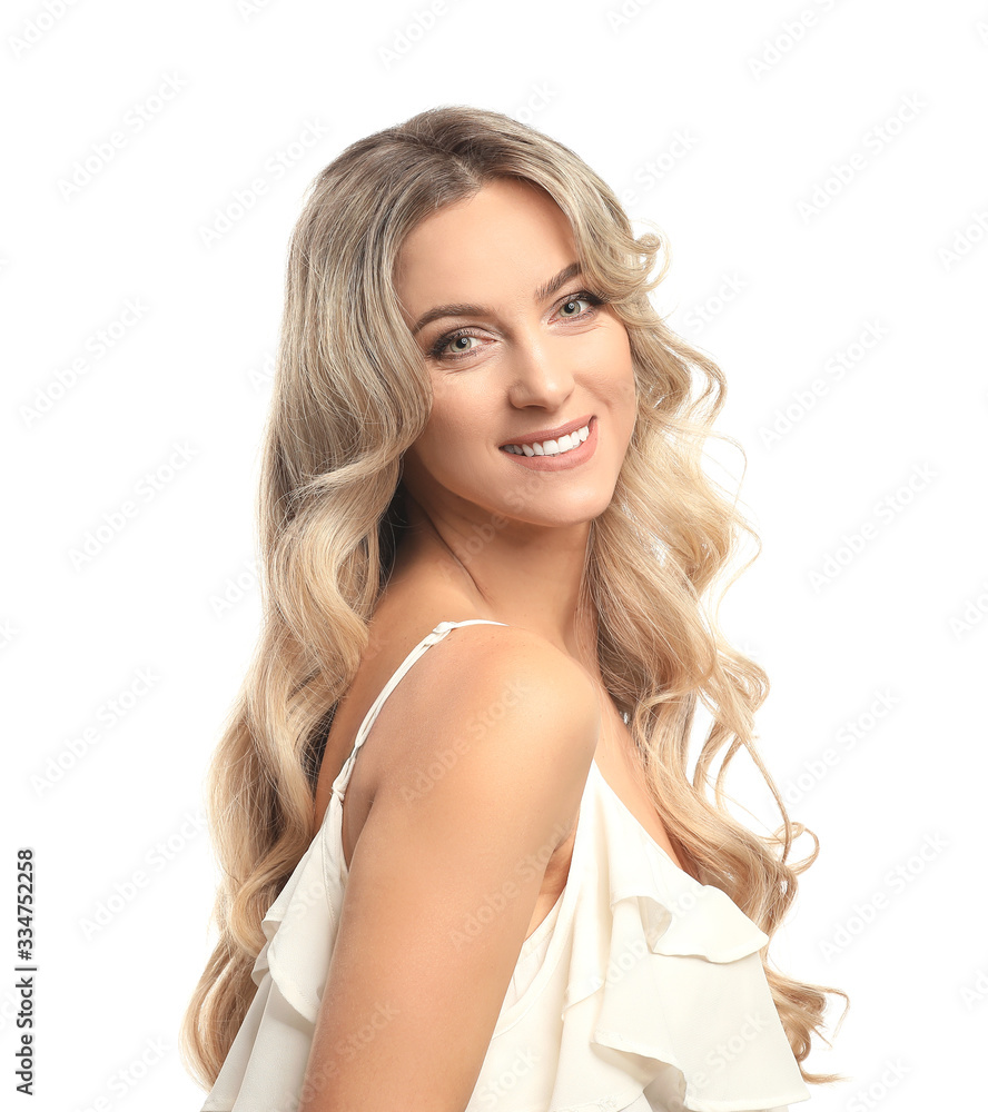 Beautiful young woman with curly hair on white background Beautiful young woman with curly hair on white background