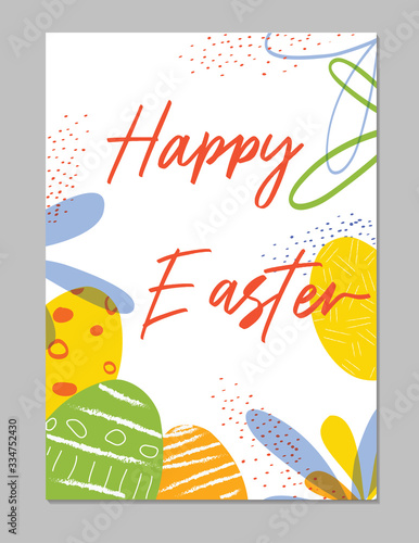 Trendy colorful Happy Easter greeting card with flowers eggs and bizarre elements.Good for poster, card, invitation, flyer, cover, banner, placard, brochure and other graphic design. 