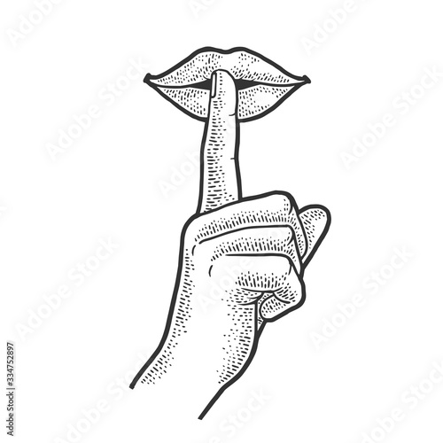 Mouth with finger silence sketch engraving vector illustration. T-shirt apparel print design. Scratch board imitation. Black and white hand drawn image. photo