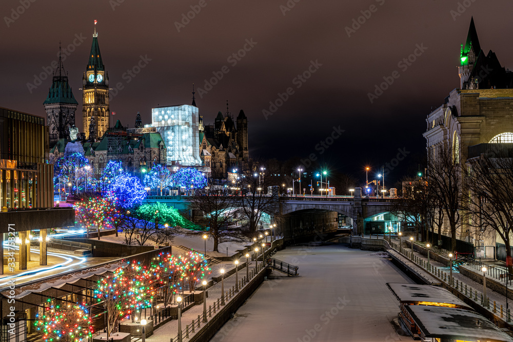 Rideau Canal Skateway at night. Parliament Hill in the background.