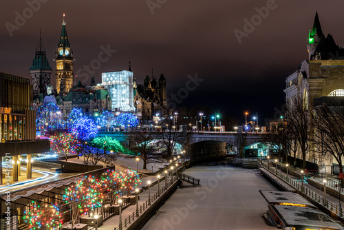 Rideau Canal Skateway at night. Parliament Hill in the background. photo