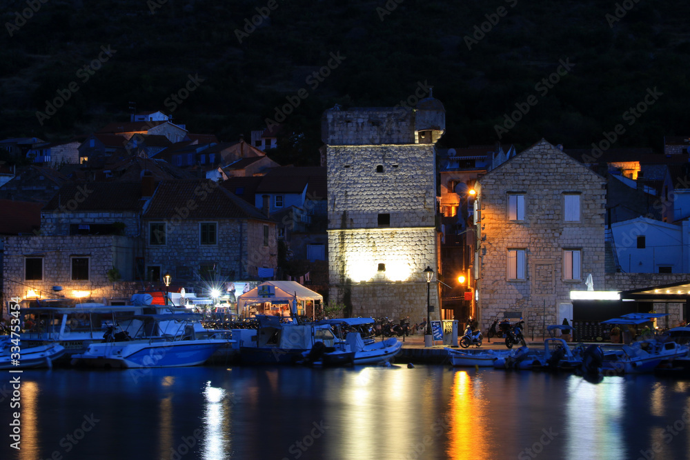 Perasti tower by night, Vis town, Vis island, Croatia