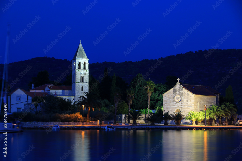 Peninsula of Prirovo in Vis town by night, Church and Monastery of St Jerome Vis island, Croatia