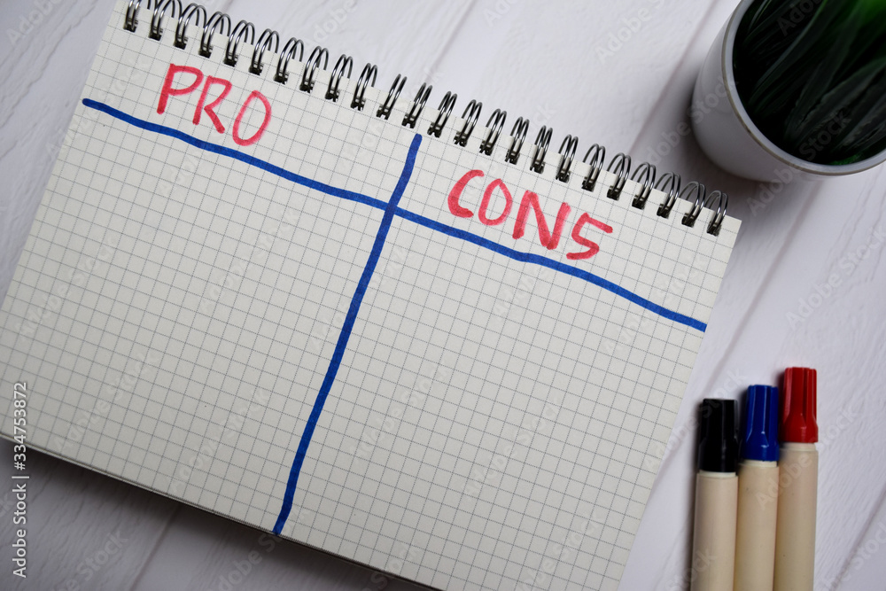 Pro and Cons write on a chalkboard isolated on office desk. Pro and Cons write on a chalkboard isolated on office desk.