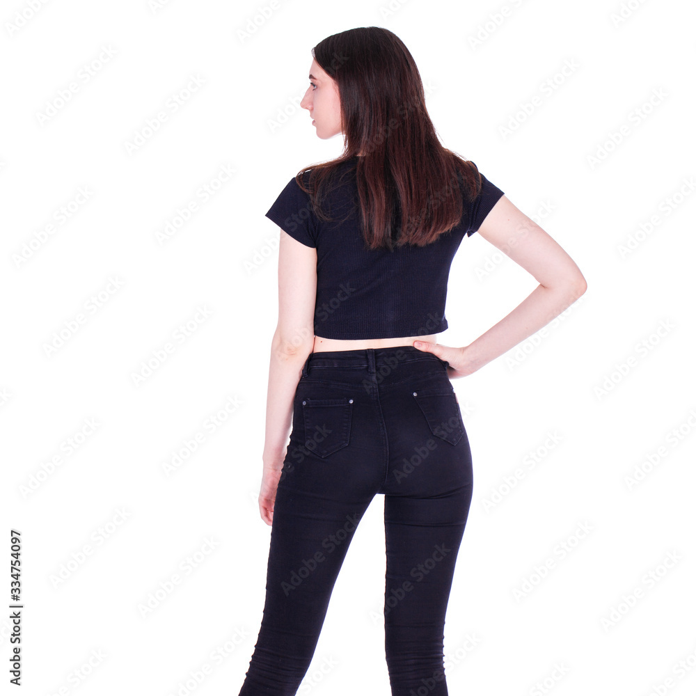 Close up portrait of a young beautiful model in blue jeans isolated on white backgroundd Close up portrait of a young beautiful model in blue jeans isolated on white backgroundd