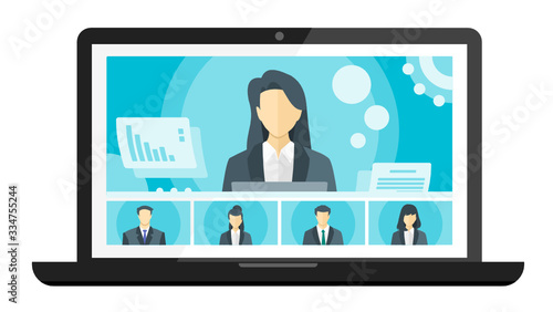 Online Virtual Remote Meetings, TV Video Web Conference Teleconference. Company CEO President Executive Manager Boss & Employee Team Work From Home WFH Cloud Live Stream Study Learn Webinars Collab 