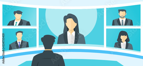 Online Virtual Remote Meetings, TV Video Web Conference Teleconference. Company CEO President Executive Manager Boss & Employee Team Work From Home WFH Cloud Live Stream Study Learn Webinars Collab 