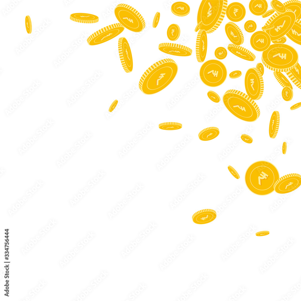 Indian rupee coins falling. Scattered floating INR Indian rupee coins falling. Scattered floating INR