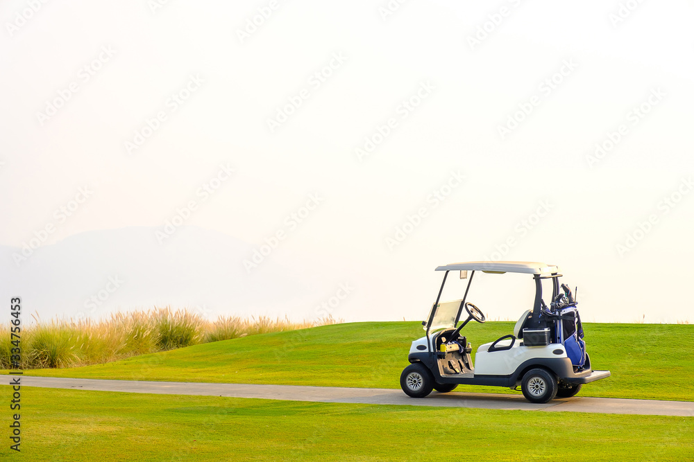 Golf carts on green yard.