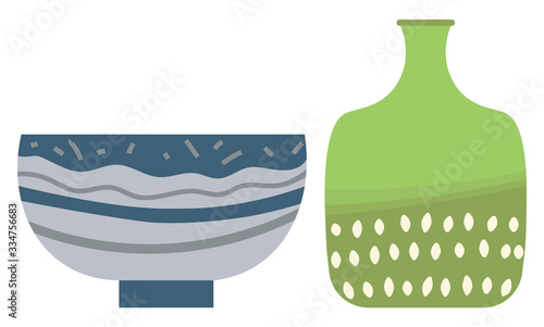 Set of striped vase isolated on white. Crockery decorative jar with waves ornament, color pot in flat style design, ceramic flowerpot. Handmade items from clay. Vase for flowers. Vector illustration