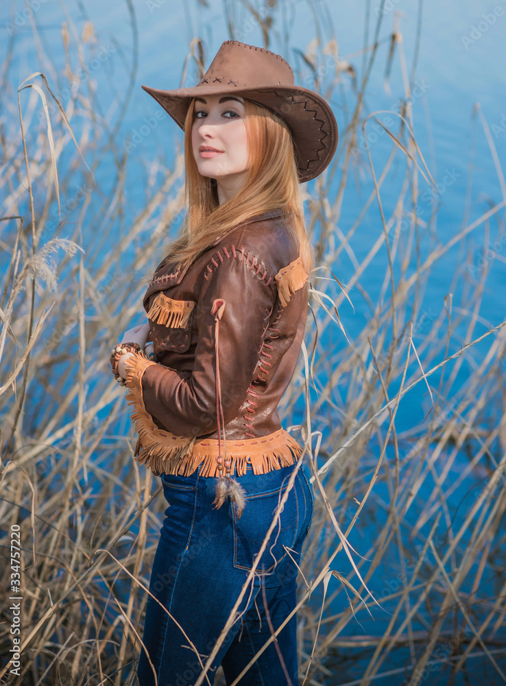 American style, girl in Leather cowboy jacket and hat, with nice modern