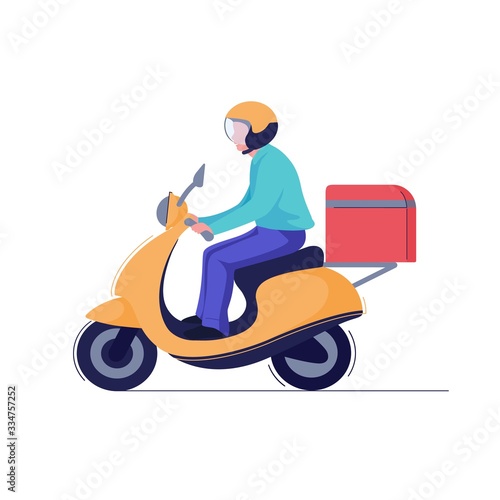 Delivery man or courier riding scooter to service fast food box. Vector